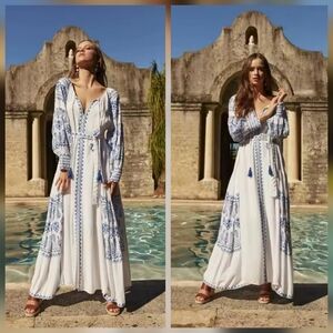 Bohemian White and Blue Floral Maxi Dress
